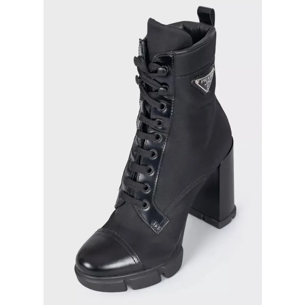 Prada Black Re-Nylon & Leather Ankle Boots Logo High Heel EU 38